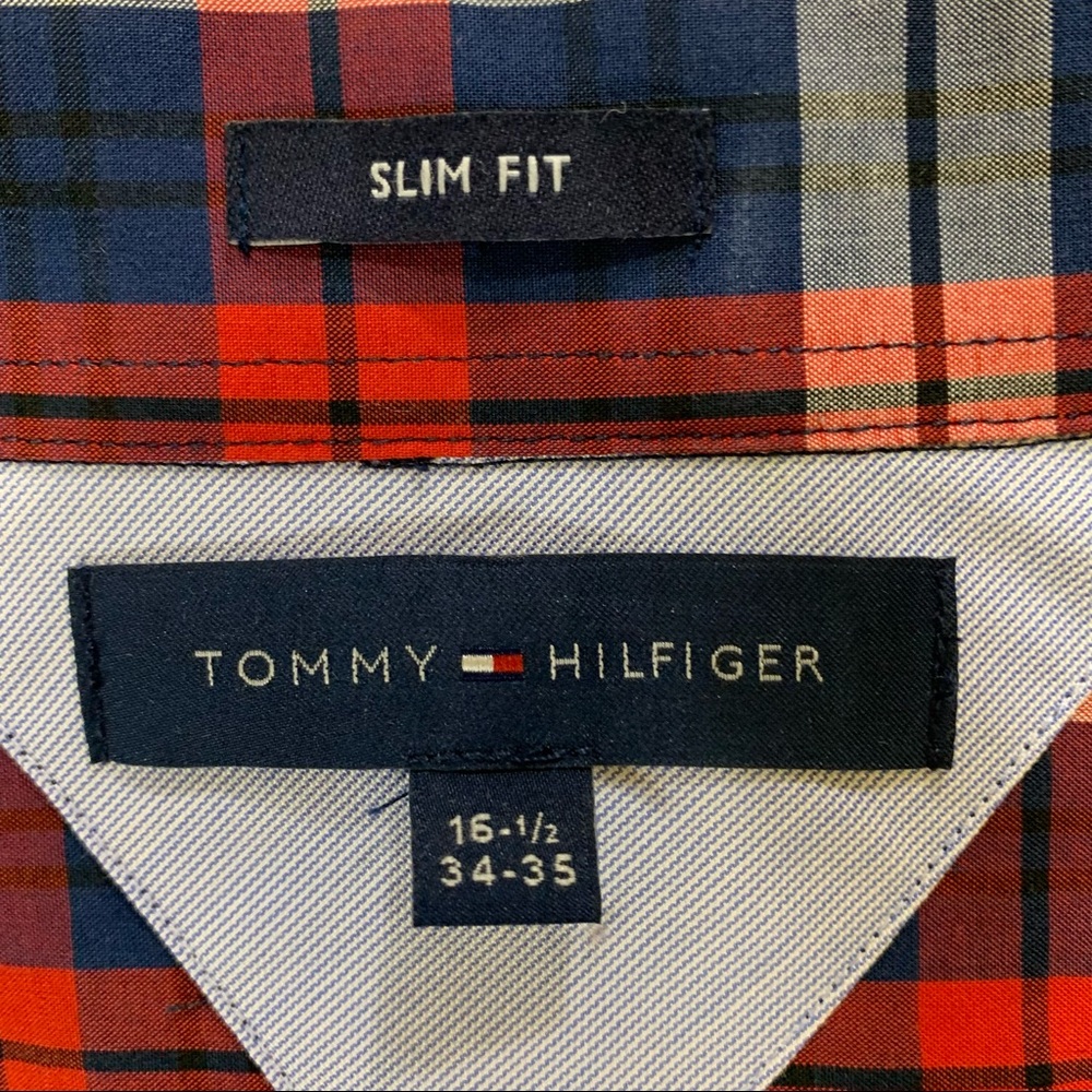Tommy Hilfiger Men’s Plaid Button Casual Slim Fit Shirt Red/White/Blue Size L - Picture 6 of 6